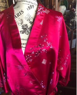 Vintage Old Shanghai San Francisco Red Satin Kimono Robe with Floral Print