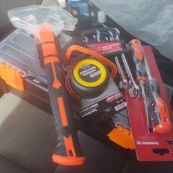 HAMMER,TAPE MEASURE, 6 SETS OF WRENCHES, SCREWDRIVER SET AND A TOOL BOX