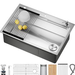 33X22 Drop In Kitchen Sink with Pop-Up Drain, 304 Stainless Steel Workstation Sink, Upgraded Fast Drain, Topmount Single Bowl with Accessories, Foldab