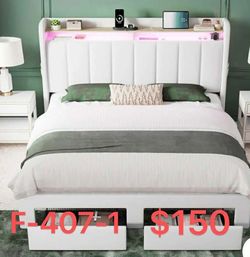 （F-407-1）Velvet Upholstered Platform Bed Frame with LED Headboard, Storage Drawers