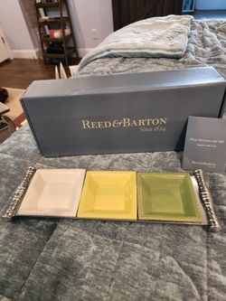 NEW Reed & Barton Bannister Metal Rectangular Serving Tray w/Ceramic Dishes 