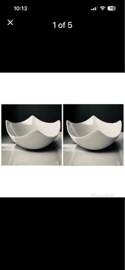 2 Set of Elegant, Glossy white ceramic serving and decorative bowls featuring unique elements.