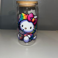 Hello Kitty Glass Cup Bamboo Lid 