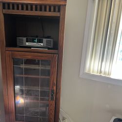 Wood Shelf With Glass Window Pane Cabinet Door. 