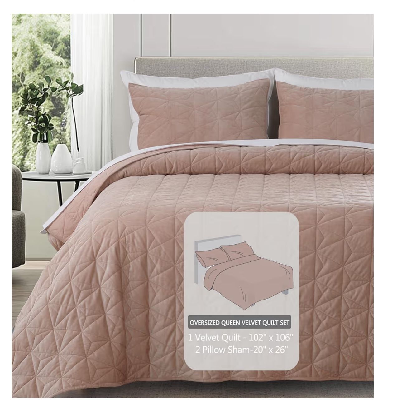 KASENTEX Oversized Queen Velvet Quilt Set 102"x106, Luxury Geometric Stitched Quilted Bedding Set, Soft Velvet Comforter, Lightweight Bedspread Coverl