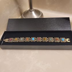 Gold and Multicolored Stone Statement Bracelet 