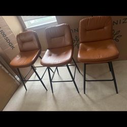Set of 3, 24Inches Counter Height Bar Stools, Modern Faux Leather Barstools, Whiskey Brown 