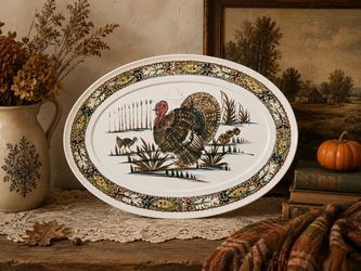 🍂 Vintage 1970s Thanksgiving Turkey Oval Serving Platter — Retro Harvest Melamine