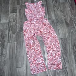 Calvin Klein Animal Print Jumpsuit Drawstring Sleeveless Size 8 Orange and White