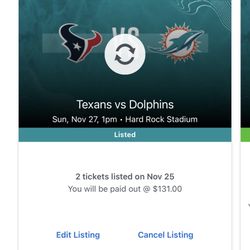 Dolphins Texans Sec 318 Row 15 Seats 23-24