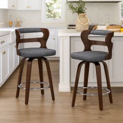 Deep Walnut Wood Mid-Century Modern Swivel Counter Height Bar Stool Set Of 2.  Gray 