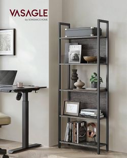 5-Tier Bookshelf, Storage Rack Shelf, Bookcase with Steel Frame, for Living Room, Entryway, Hallway, Office, Charcoal Gray + Black Back Panels Protect