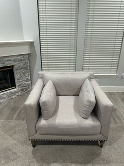 Beige Linen Accent Chair with Nailhead Trim