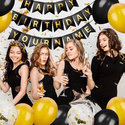 Happy Birthday Banner, Personalized Birthday Decorations Reusable Multi Occasion Party Decorations Bunting Banner with Black and Gold Confetti Balloon