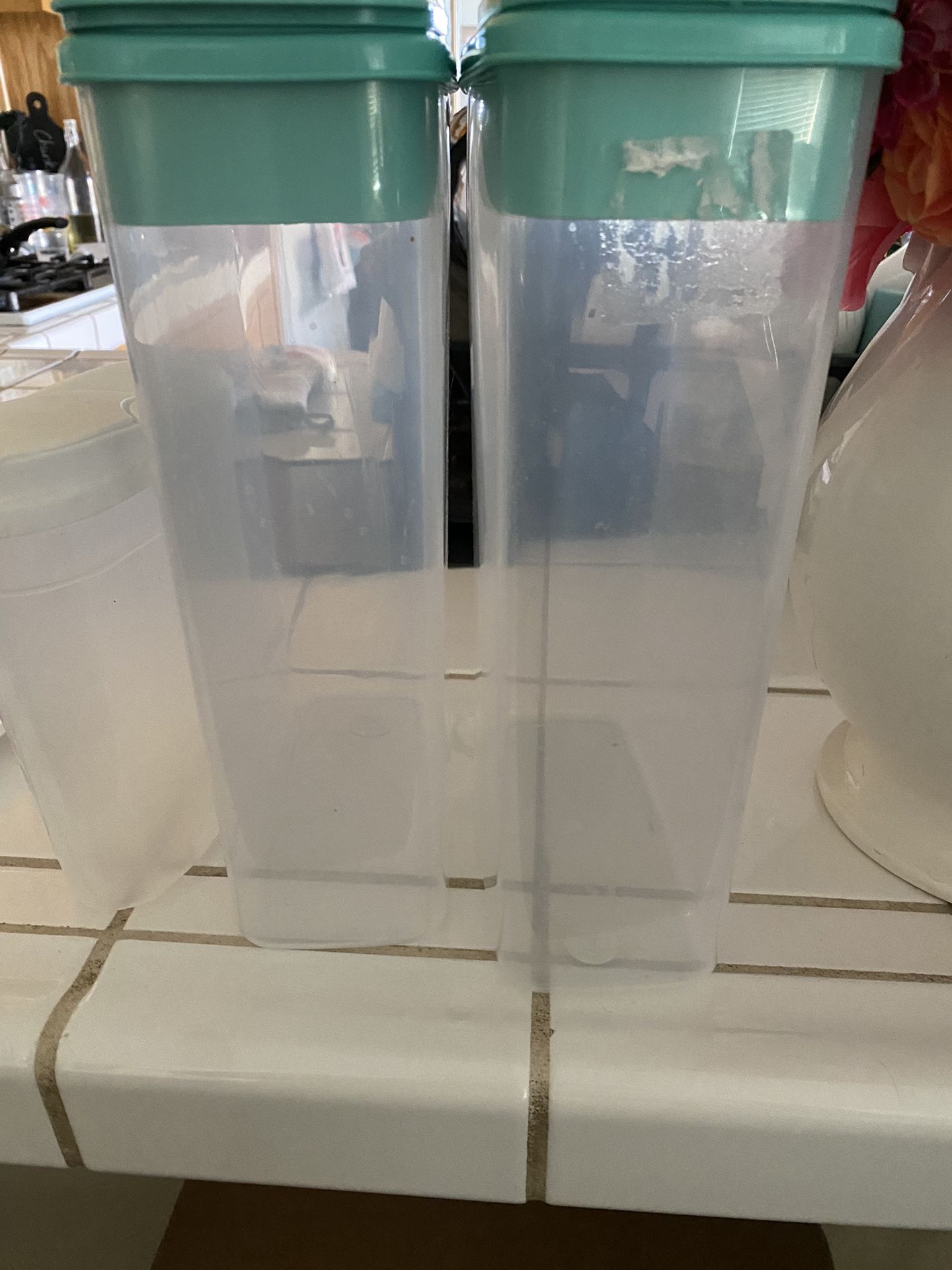 3 Containers 2 same one smaller/Kitchen organizers( green can store a bit over 16 oz/1 lb