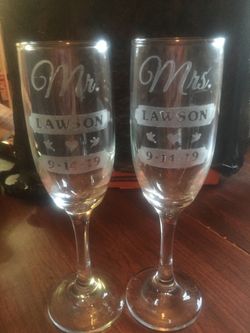 Etched Bride and Groom Toasting Glasses