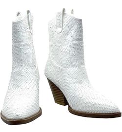 Rhinestone Block Heel Mid Calf Short Ankle White Cowboy Boots, Size 10 *NEW*