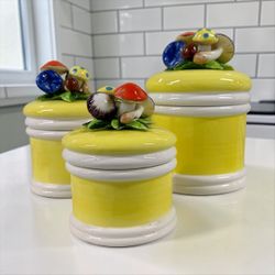 Vintage Mushroom Canister Set Yellow Ceramic Farmhouse Kitchen Storage Jars 3pc