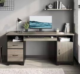 59 in. Rectangular Grey 2-Drawers Computer Writing Desk with Storage Cabinet and 2-Open Storage