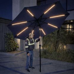 NEW Patio Umbrella With Solar LED Lights 9 Foot Outdoor Umbrella Tilt Adjustable