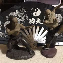 2 Shaolin Kung Fu Monke Ceramic Sculptures  7.7” Hard To Find 