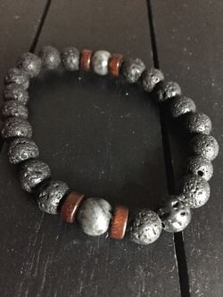 Expandable 8” Hawaiian Lava Rock Bracelet with Genuine Cherry Wood Beads and Stone Marble Centerpiece Beads (Free Gift! pictured last)