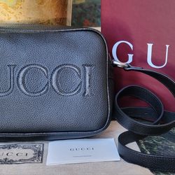 NWT GUCCI BLACK LEATHER SHOULDER CAMERA BAG CANVAS MONOGRAM LOGO CROSSBODY W BOX 