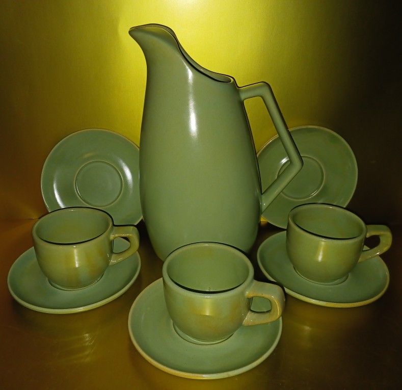Tall ART POTTERY Pitcher, Saucers, TeaCups