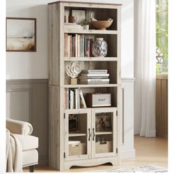 Brand New In The Box- LINSY Bookshelf with Doors, 6 Shelf Bookcase Tall Bookshelves, 73" Farmhouse Book Shelf with Storage Cabinet, Wood Book Shelves 