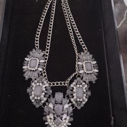 VTG TO MODERN 19" blue gray clear rhinestone silver tone HEAVY Necklace Jewelry
