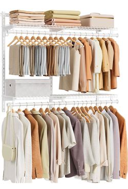 Closet System, Closet Insert Organizer, 3-6 ft Closet Shelves Adjustable Metal Shelving Unit, 2 Hanging Rods, 4 Shelves, Hooks, Pearl White and Cloud 