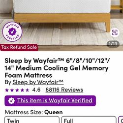 Sleep by Wayfair Cooling Gel Memory Foam Mattress (Queen, 10”).