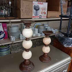 2 Vintage alabaster marble stone candle holder set pair