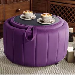 Modern Purple Velvet Round Accent Storage Ottoman 