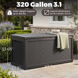 New - 320 Gallon Outdoor Storage Deck Box – Waterproof, Lockable, Heavy-Duty Bench – Black