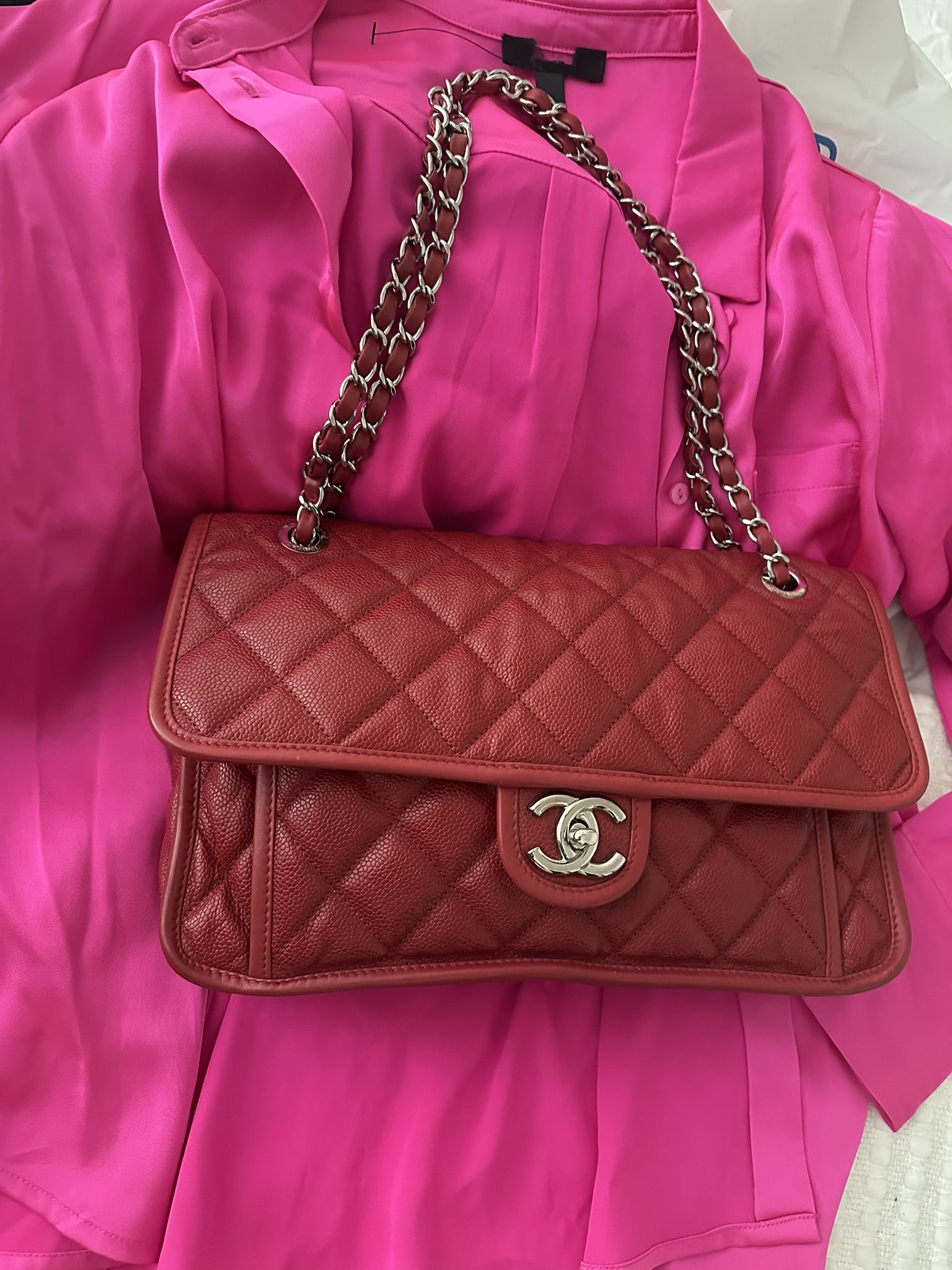 Chanel French Rivera Flap Bag Red Caviar With Silver Tone