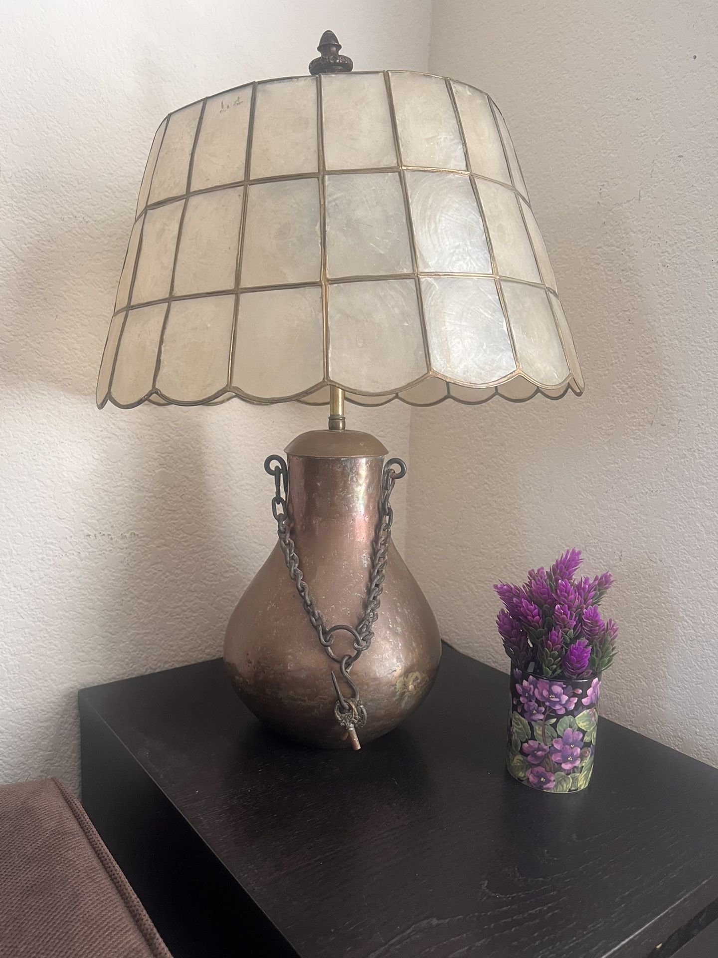 Vintage Brass Table Lamp with Capiz Shell Shade and earring pull switches