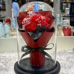 Red Preserved Soap Flower Bouquet In Glass Bottle 