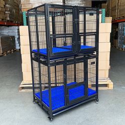 BRAND NEW $310 Stacking Dog Crate 37”x25”x64” Heavy-Duty Cage Folding Kennel w/ Plastic Tray (Set of 2)
