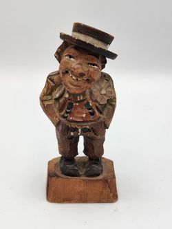 Vintage Hand Carved Wood Figurine Smiling Man with Hat Folk Art Sculpture - H1