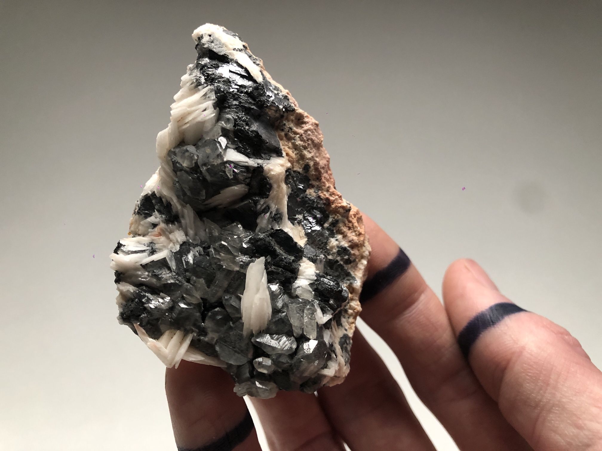 Dark Chrome Galena with Cerussite and Bladed Barite on Matrix