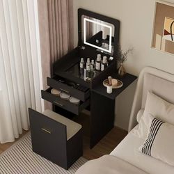 181 ARTETHYS Small Vanity Desk Set with Flip-top Mirror and Lights Black Integrated 3 in 1 Makeup Vanities Set for Tiny Space Compact Mini Dressing Ta