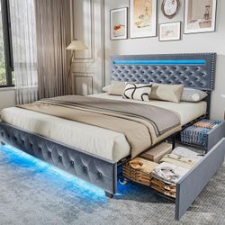 BedsPick King Size Bed Frame with LED Lights, Velvet Upholstered Platform King Bed Frame with 4 Storage Drawers and Adjustable Headboard, No Box Sprin