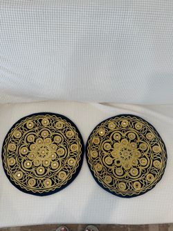 Vintage Handmade Persian Cushion Covers Pair 15" Navy Velvet Gold Embroidery