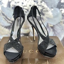 GUCCI "Sofia Etoile" Embellished Cris-Cross Heels Sandals Size 38