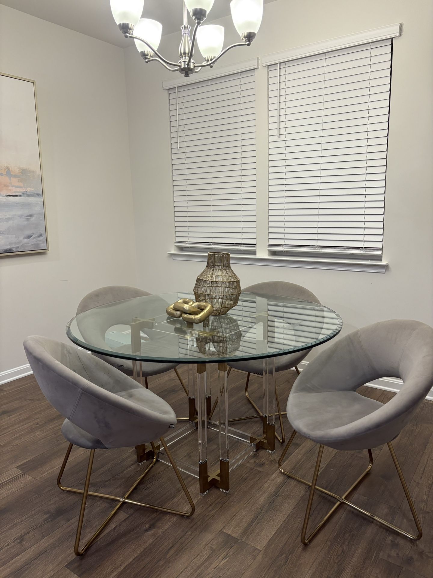 Modern Glass Dining Table with Gold & Acrylic Base And Chairs