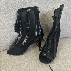 NEW Sierra - Open Toe Lace Up Shiny Bootie With Mesh, Stiletto Heel - B1889