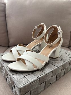 White Block Heel Strappy Leather Heels
