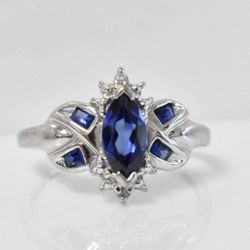 Vintage 10K White Gold Sapphire Diamond Ring SZ 7, 2.2G