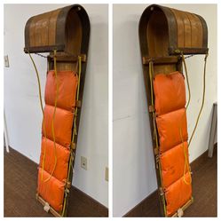 1 Vintage Adirondack 5’ Toboggan Sled Wooden Sled Orange Pad, came from estate. Feel free 2 msg  